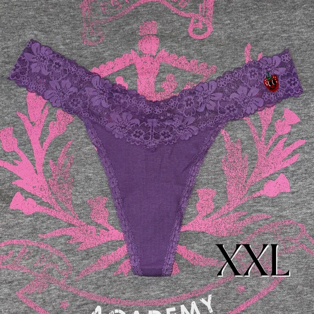 NWT New Victoria’s Secret PINK Purple Lace Trim Thong Panty Strawberry XXL
